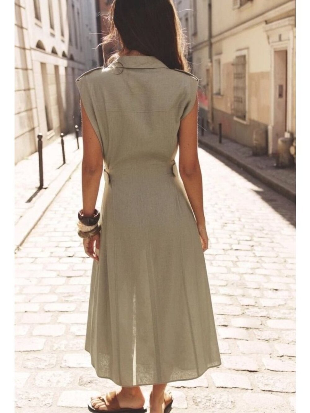 Zara Linen Shirt Dress XS Khaki Olive Euro Summer Safari Button Front Belted - Picture 4 of 16